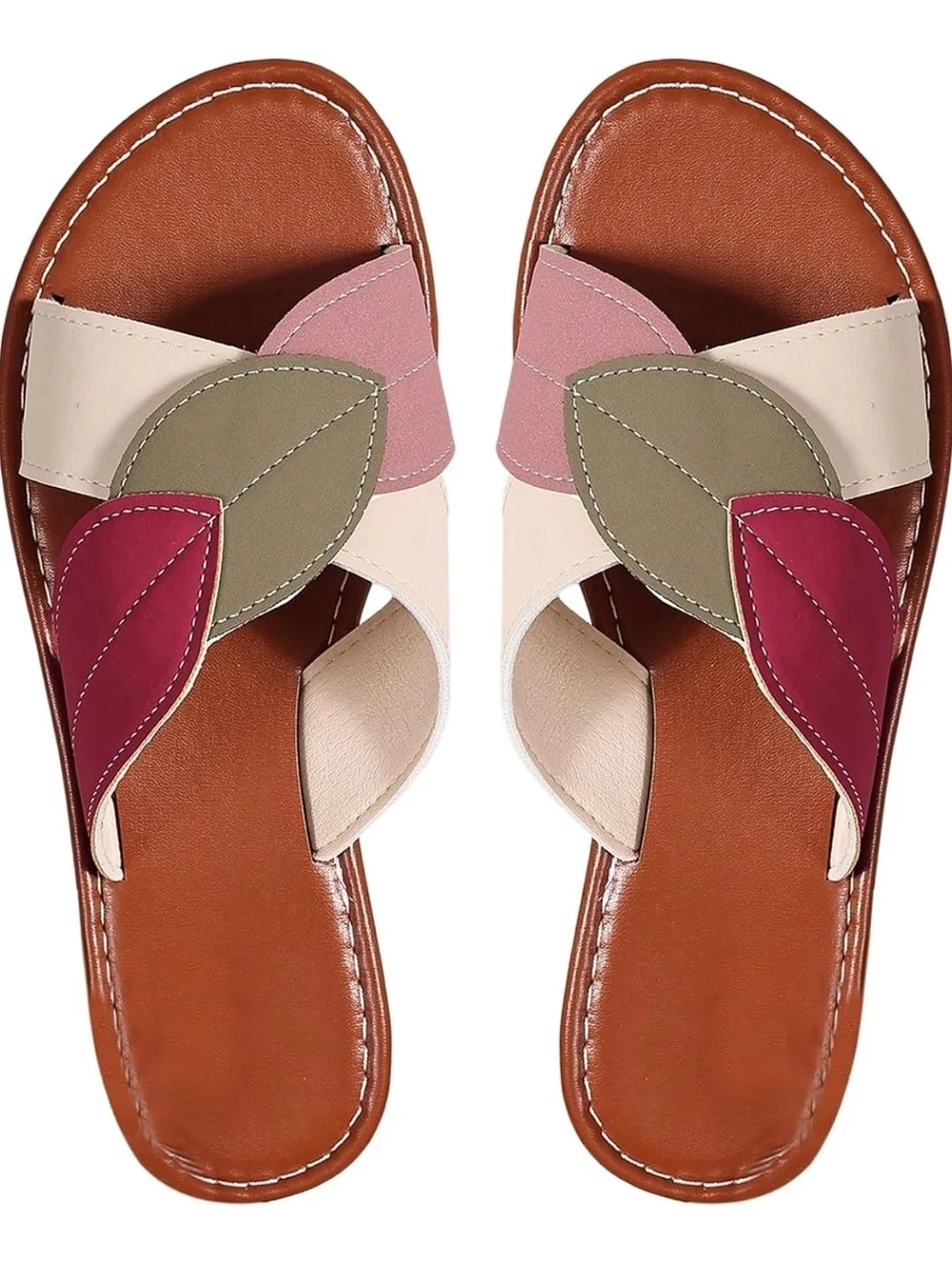 Women’s Multicolor Leaf-Accent Slide Sandals - Pink/Green/White